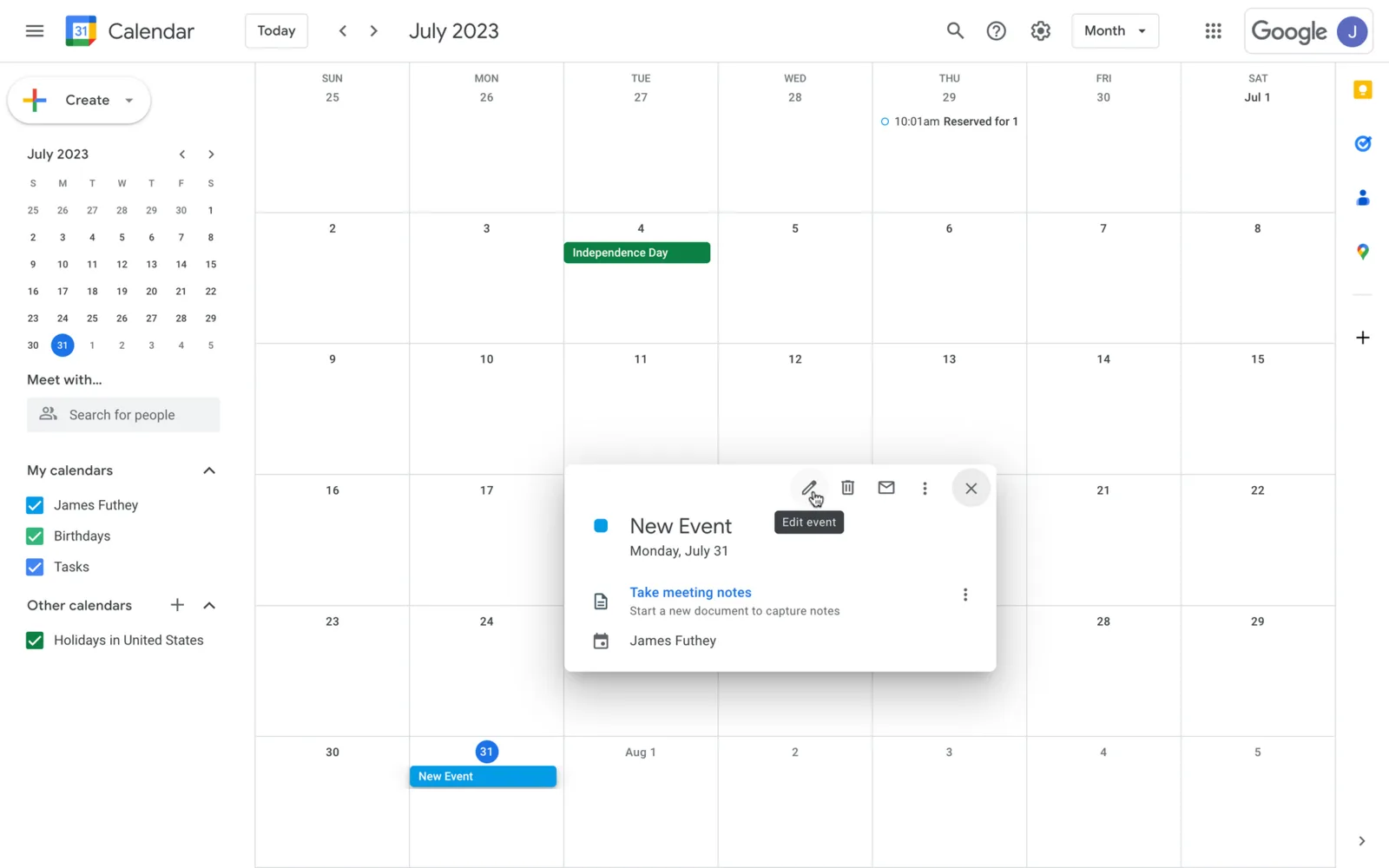 Google Calendar month view with an event preview open and the Edit event control highlighted