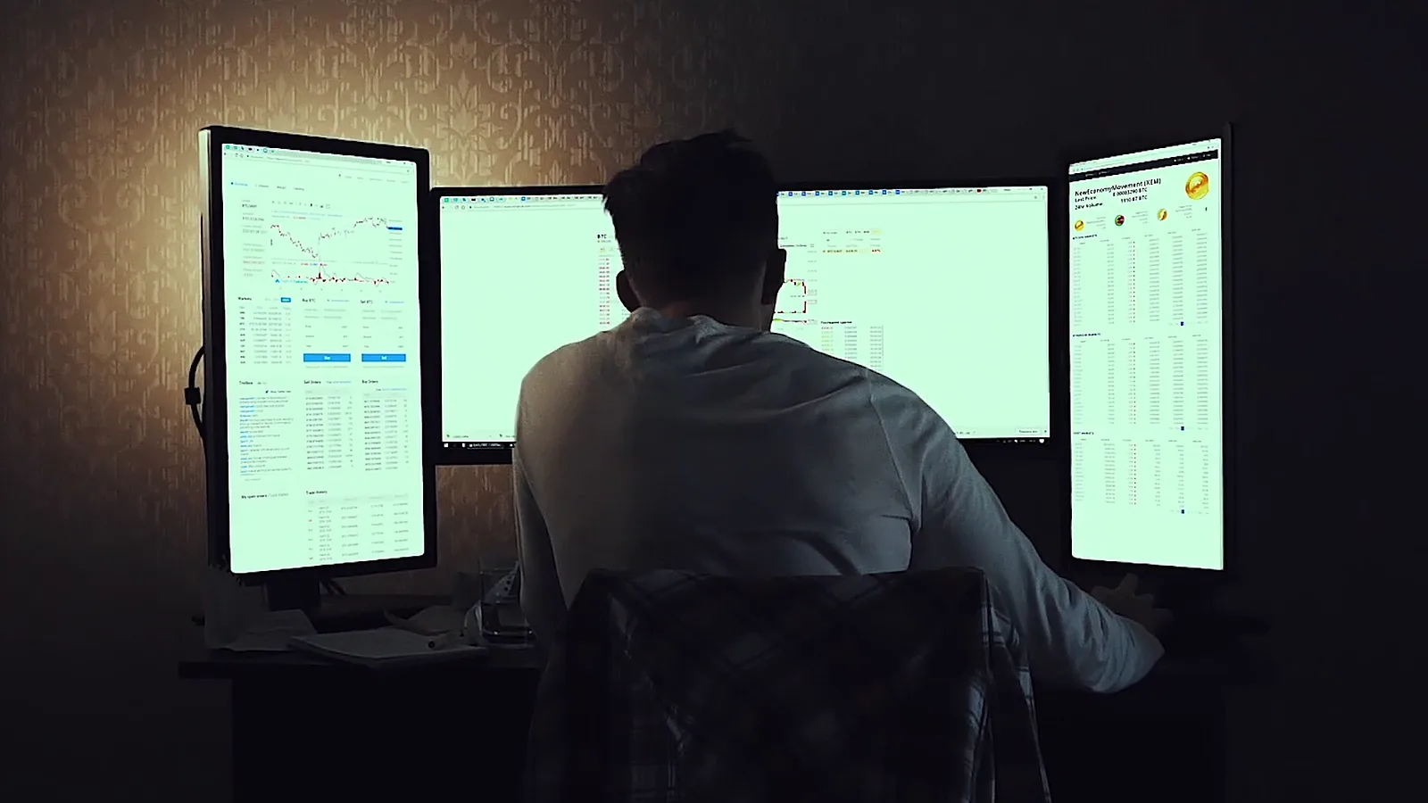 Person working at a desk with four monitors of data in a darkened room