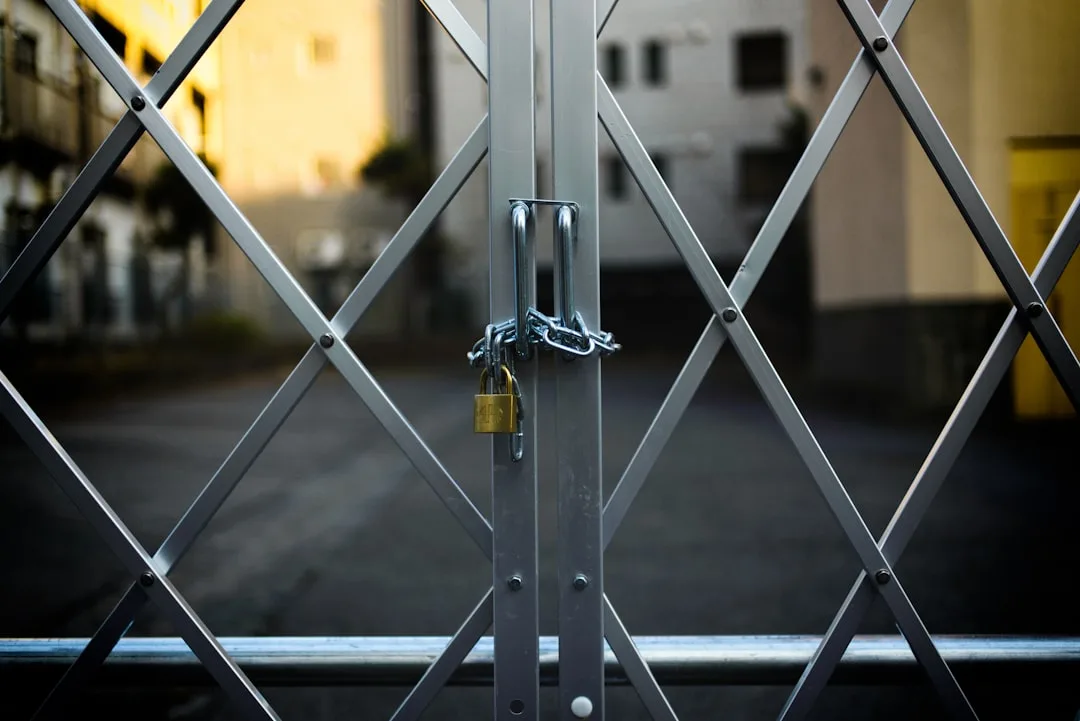 Padlock and chain securing a metal lattice gate