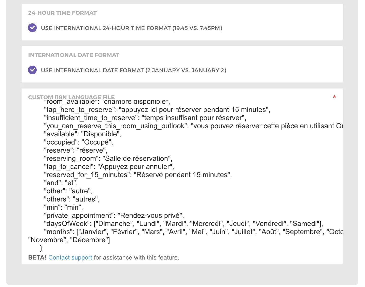 Display localisation settings showing the 24 hour time format and international date format options