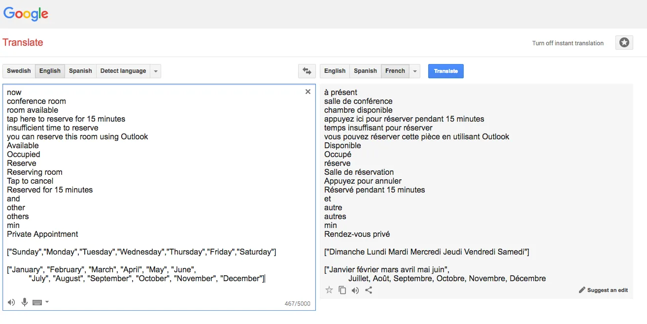 Google Translate converting the display interface strings from English into French