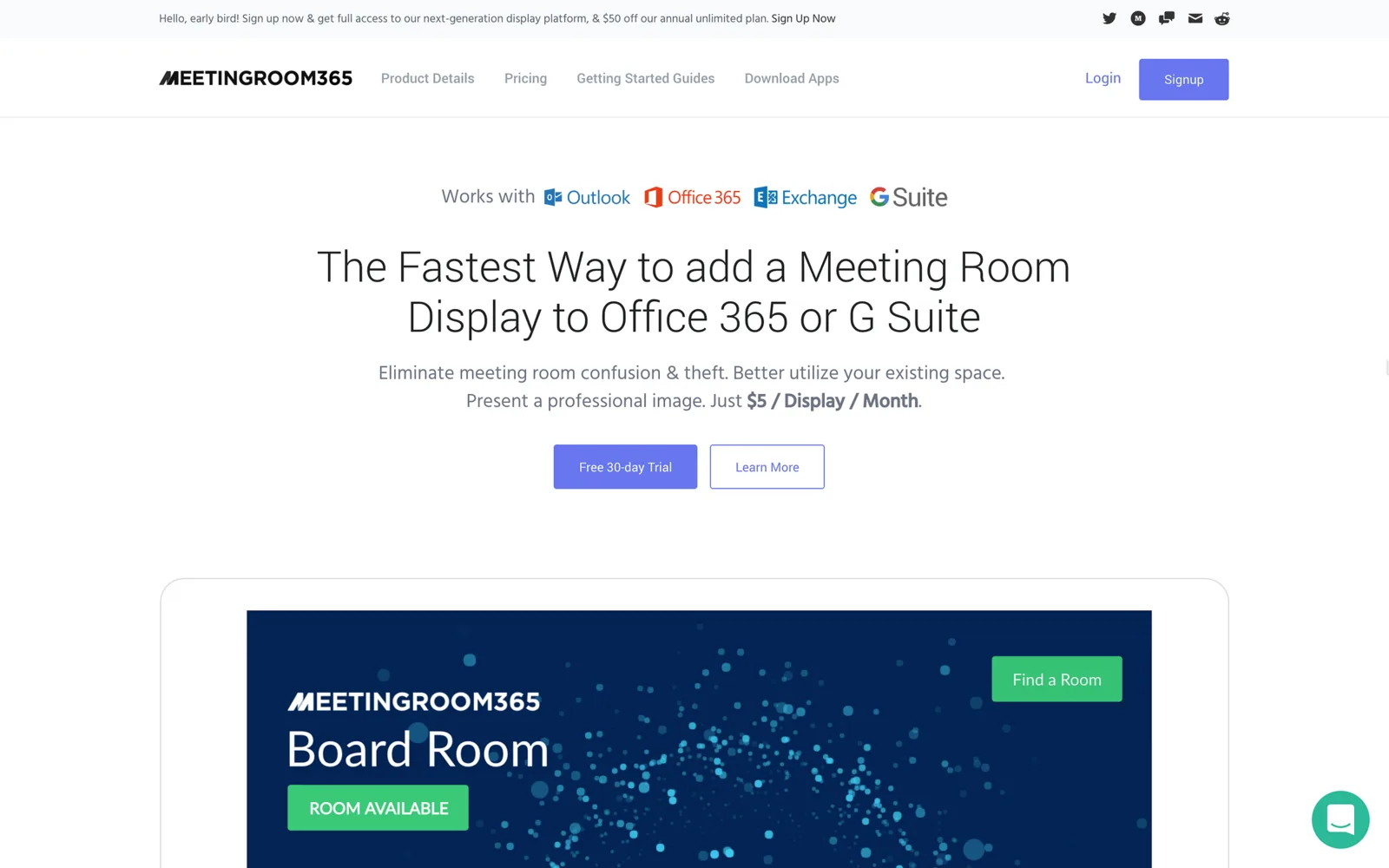 Meeting Room 365 homepage describing adding a meeting room display to Office 365