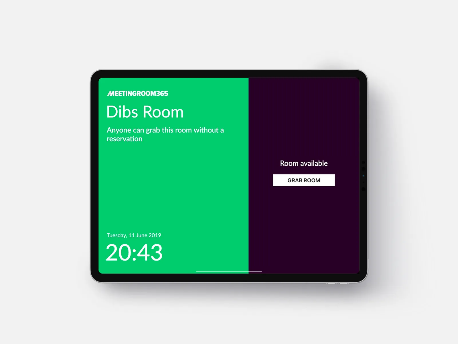 Tablet meeting room display showing a Dibs Room as available with a Grab Room button