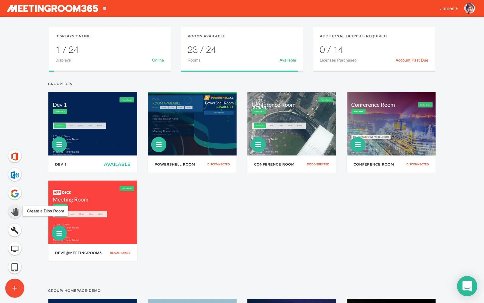 Meeting Room 365 admin dashboard showing display tiles with the Create a Dibs Room option