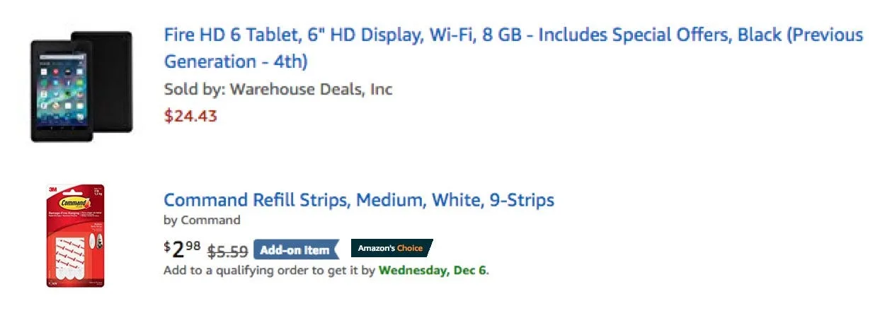 Amazon basket containing a refurbished Fire HD 6 tablet and a pack of Command refill strips