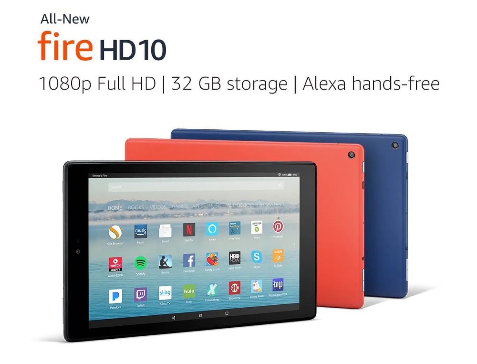 Amazon Fire HD 10 tablet shown in three colours