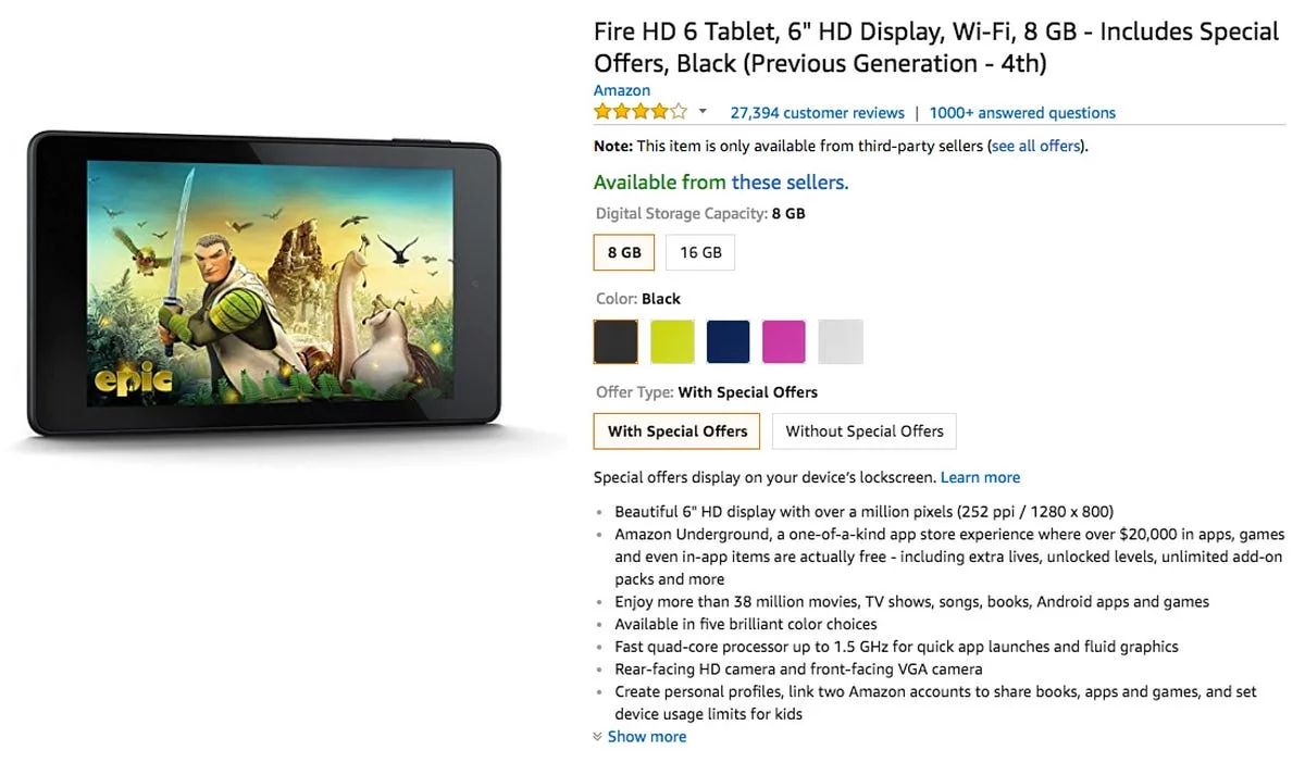Amazon product listing for the Fire HD 6 tablet with storage and colour options