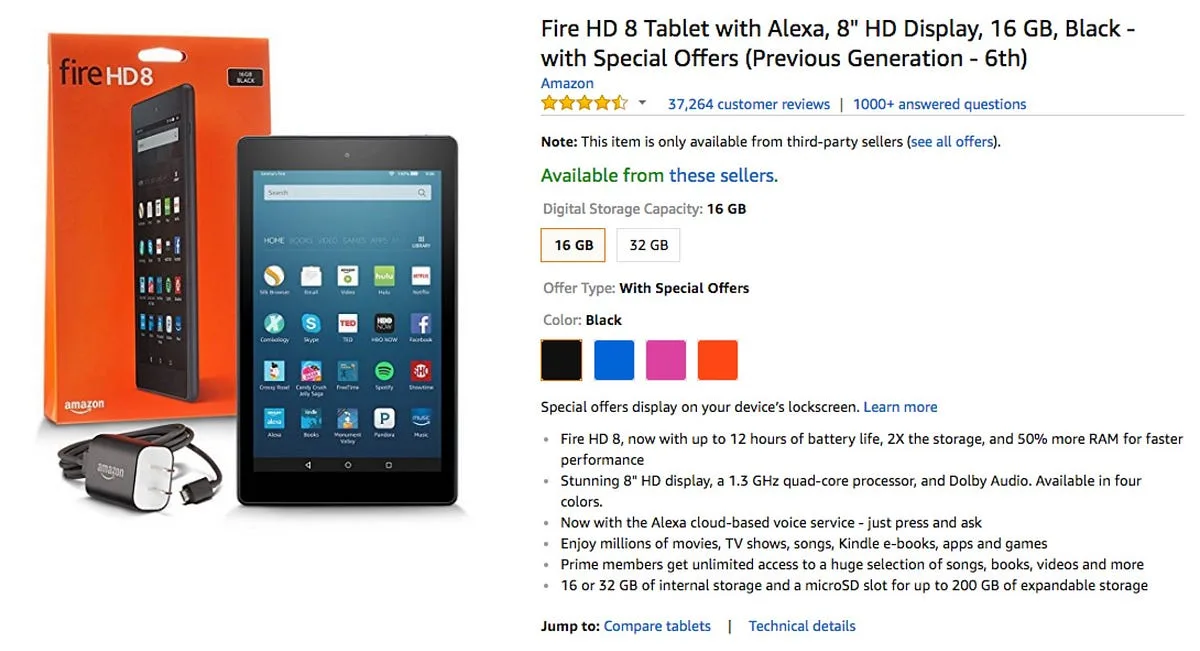 Amazon product listing for the Fire HD 8 tablet with storage and colour options