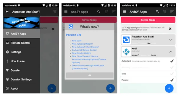 Autostart And StaY app screens for configuring an app to launch and persist on boot