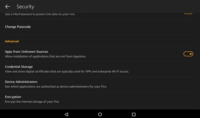 Fire tablet security settings with Apps from Unknown Sources switched on