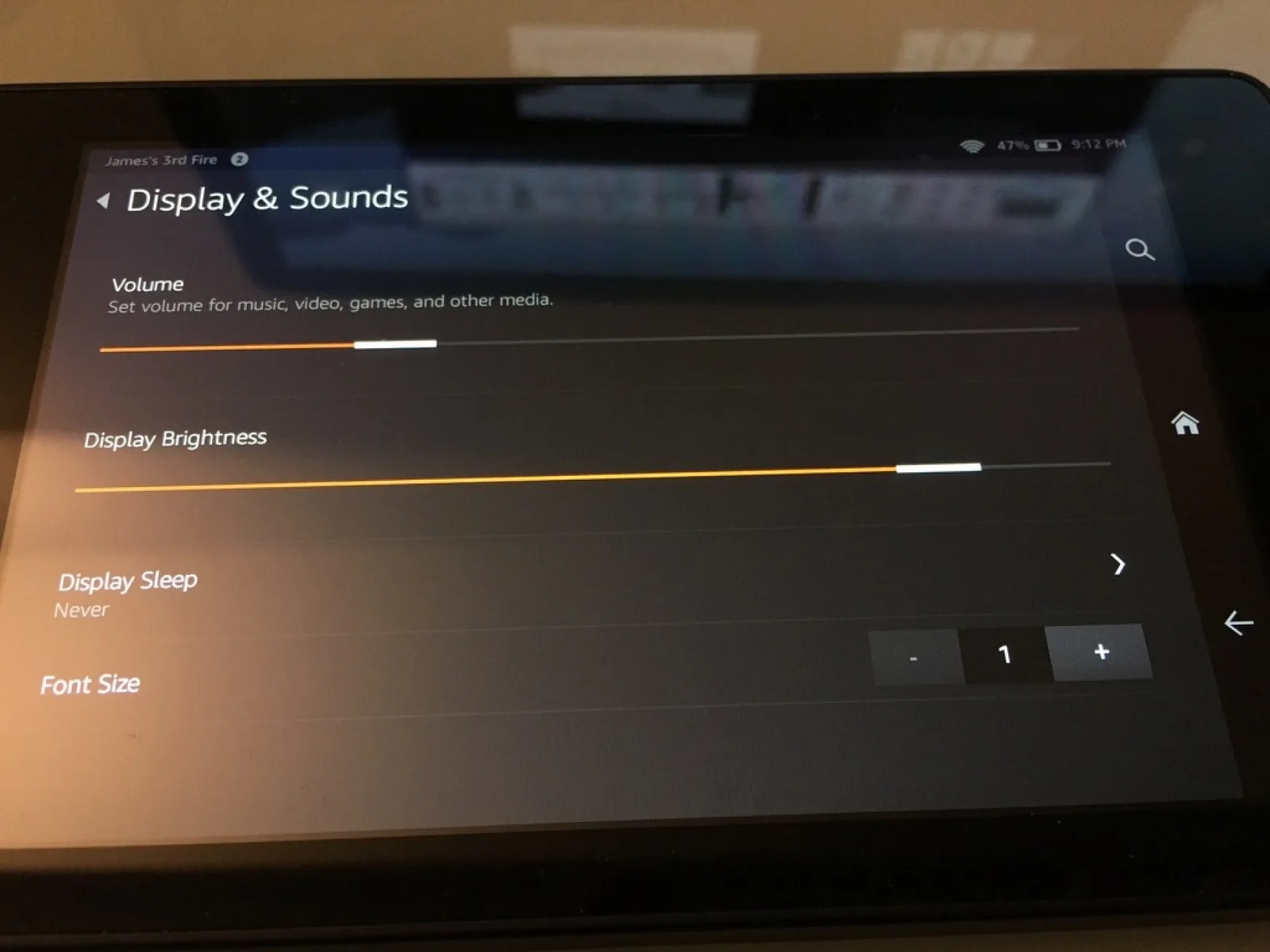 Fire tablet Display and Sounds settings with Display Sleep set to Never