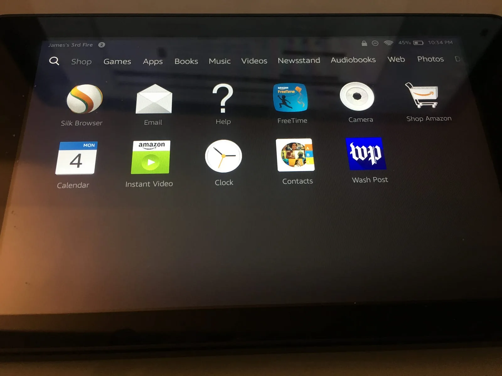 Fire tablet home screen showing the Silk Browser and other preinstalled apps