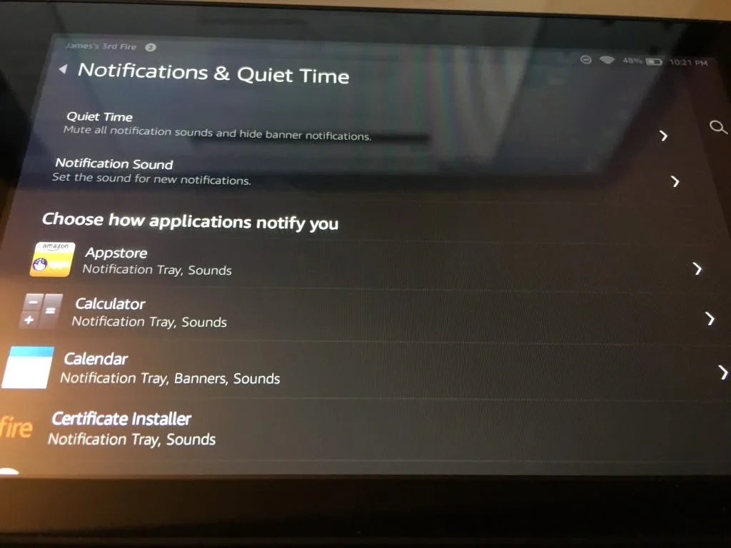 Fire tablet Notifications and Quiet Time settings listing how each app may notify