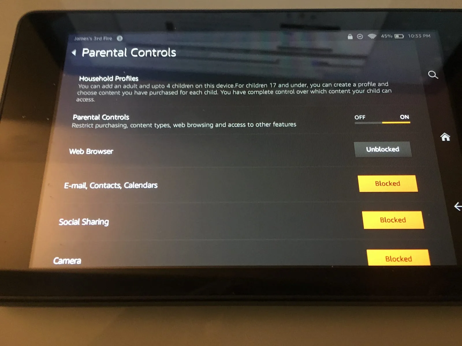 Fire tablet Parental Controls with the web browser unblocked and email, social sharing and camera blocked
