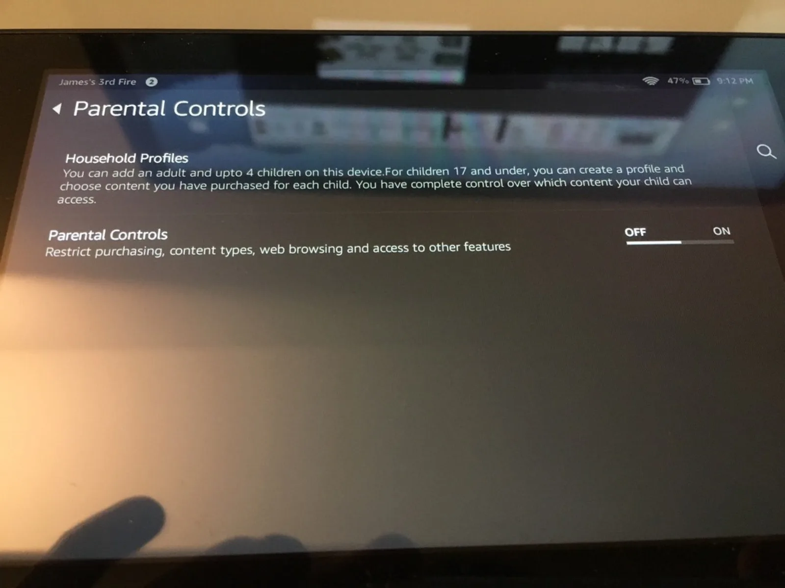 Fire tablet Parental Controls screen with the control switched off