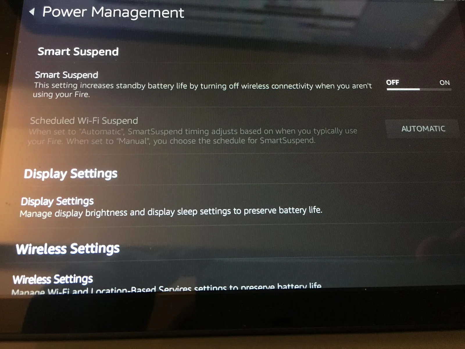 Fire tablet Power Management settings with Smart Suspend switched off