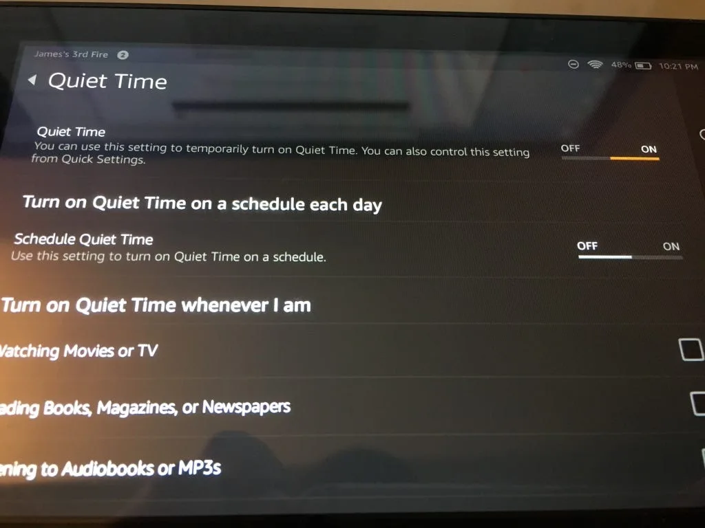 Fire tablet Quiet Time settings with the schedule and activity options