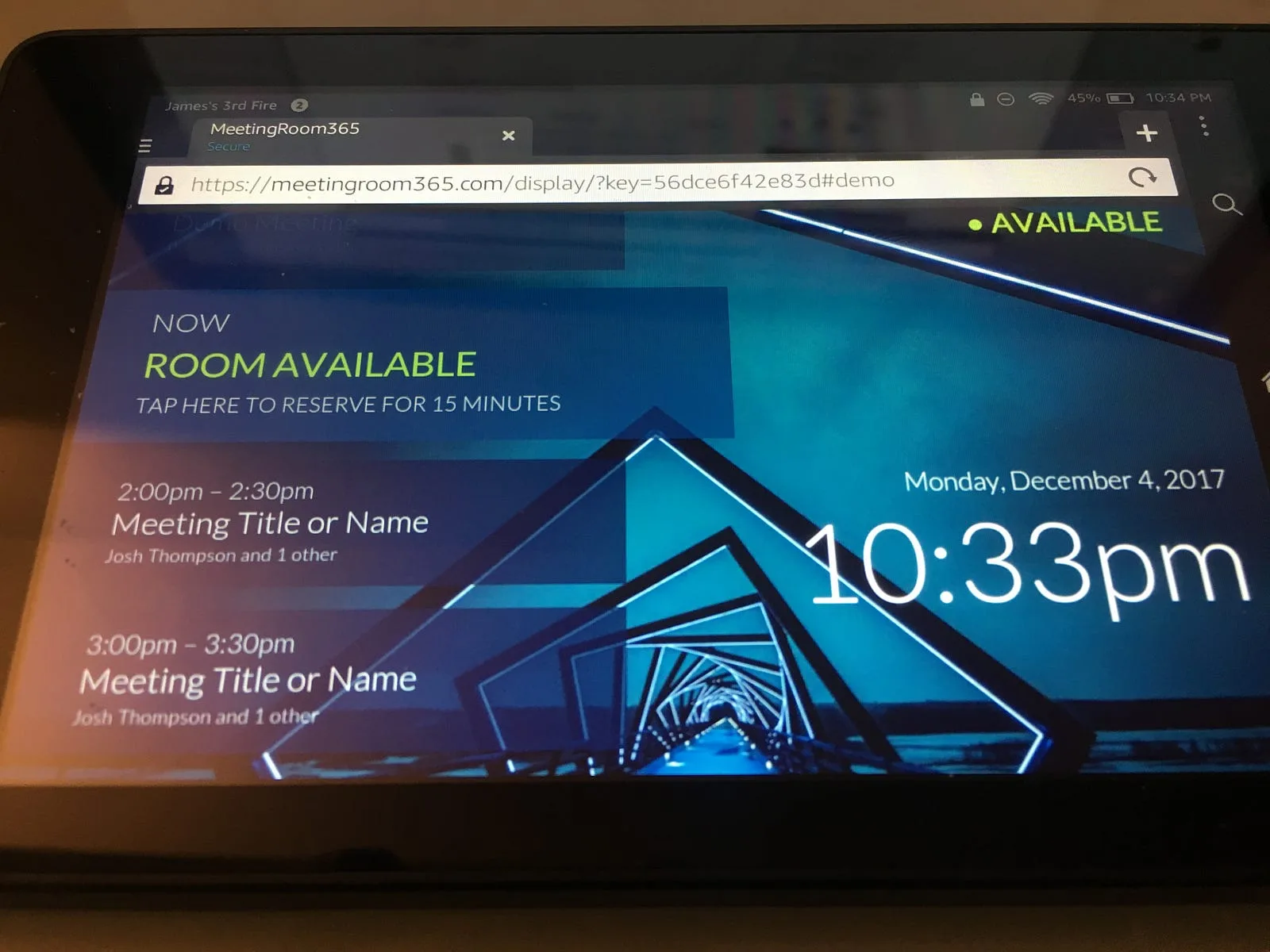 Silk browser on a Fire tablet loading the Meeting Room 365 display URL