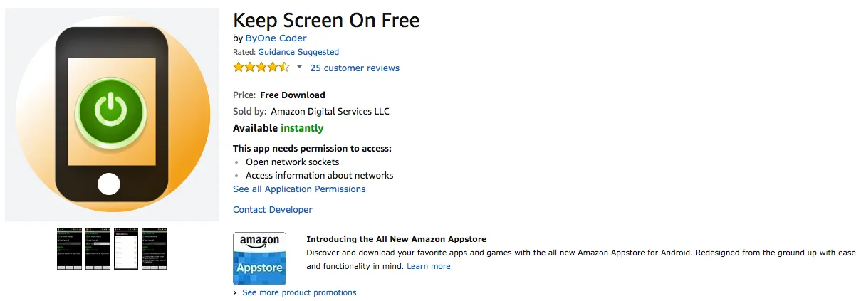 Amazon Appstore listing for the Keep Screen On Free app