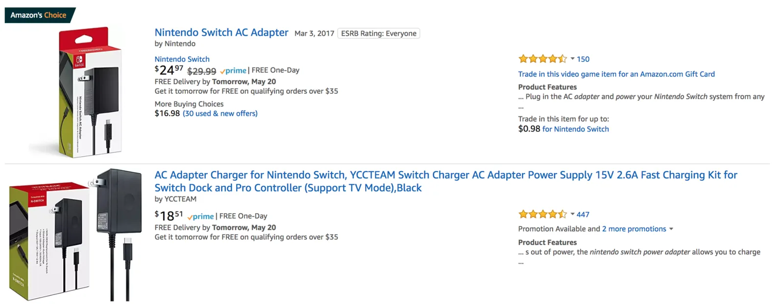 Amazon listings for Nintendo Switch AC power adapters
