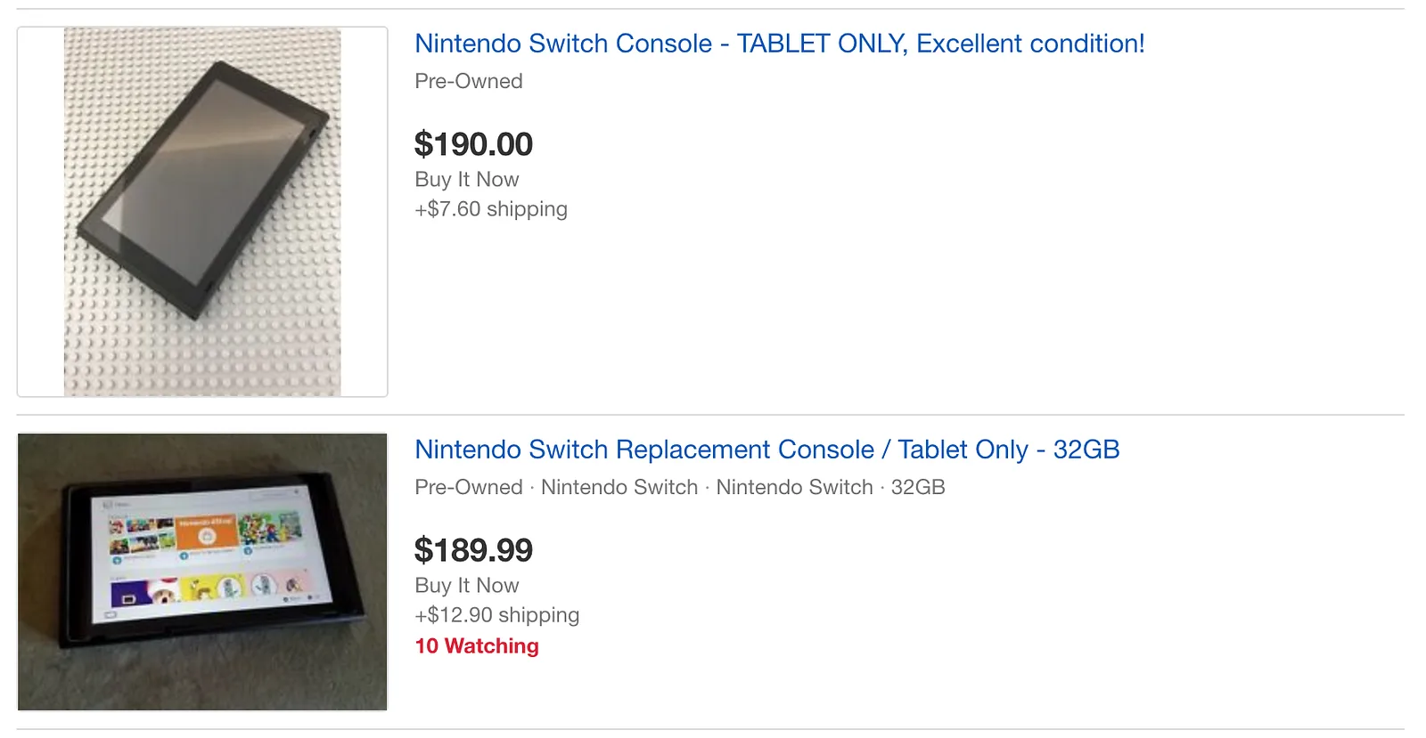 eBay listings for pre owned Nintendo Switch consoles sold as tablet only