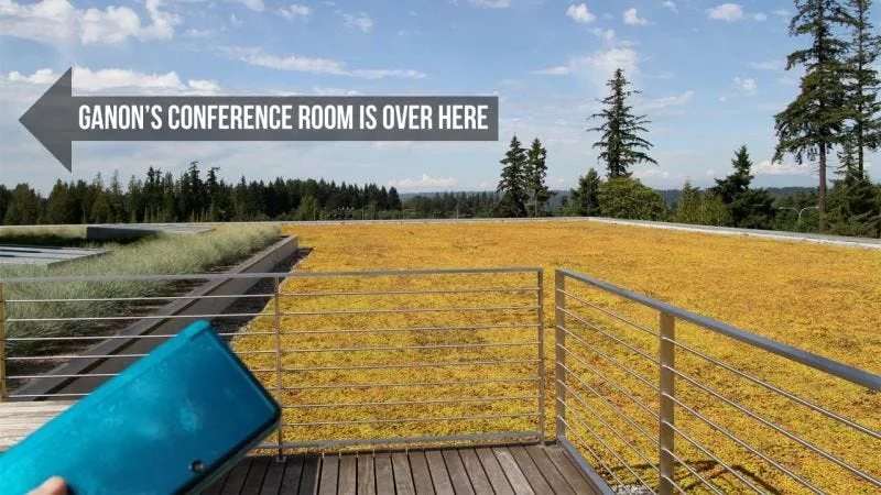 Rooftop terrace with a sign reading Ganon's conference room is over here