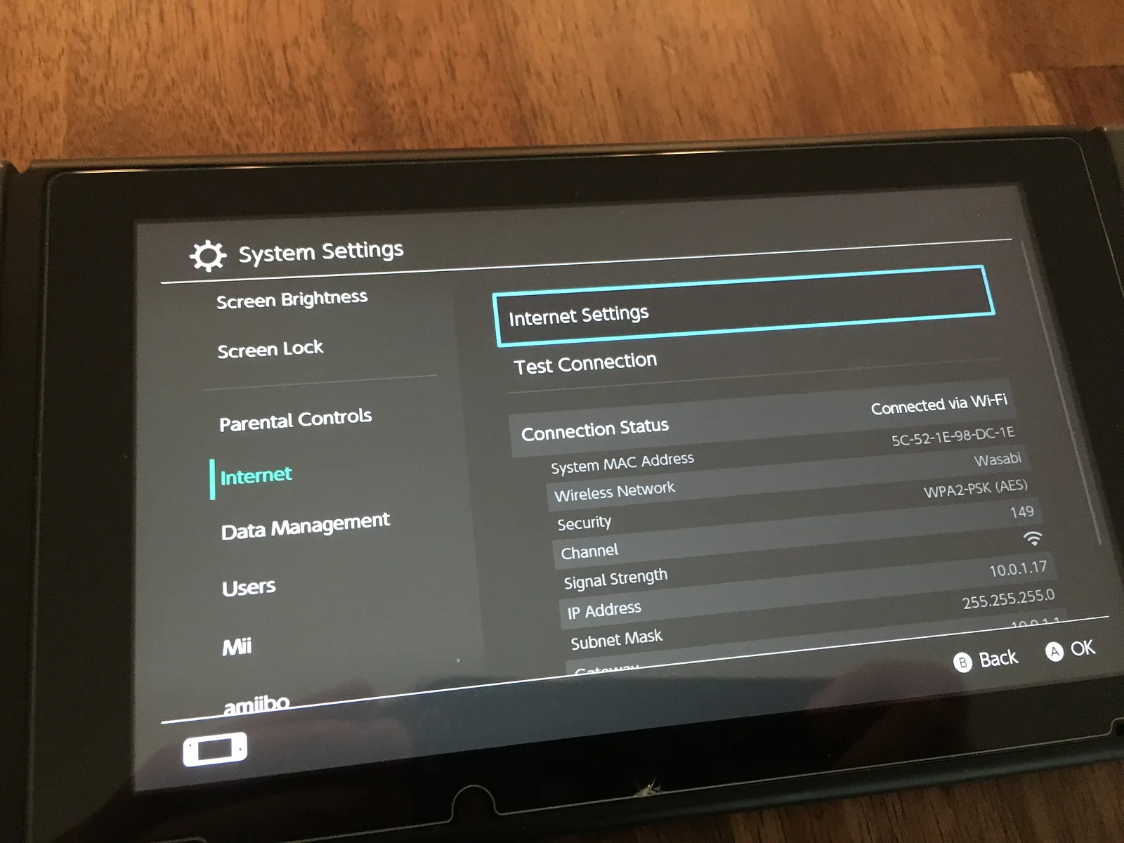 Nintendo Switch System Settings showing the Internet connection status and Internet Settings option