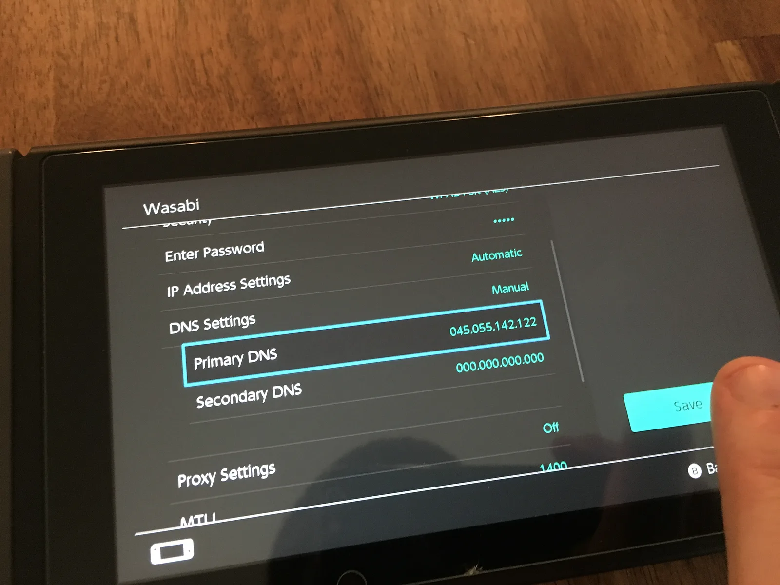 Nintendo Switch network settings with DNS set to manual and a primary DNS address entered