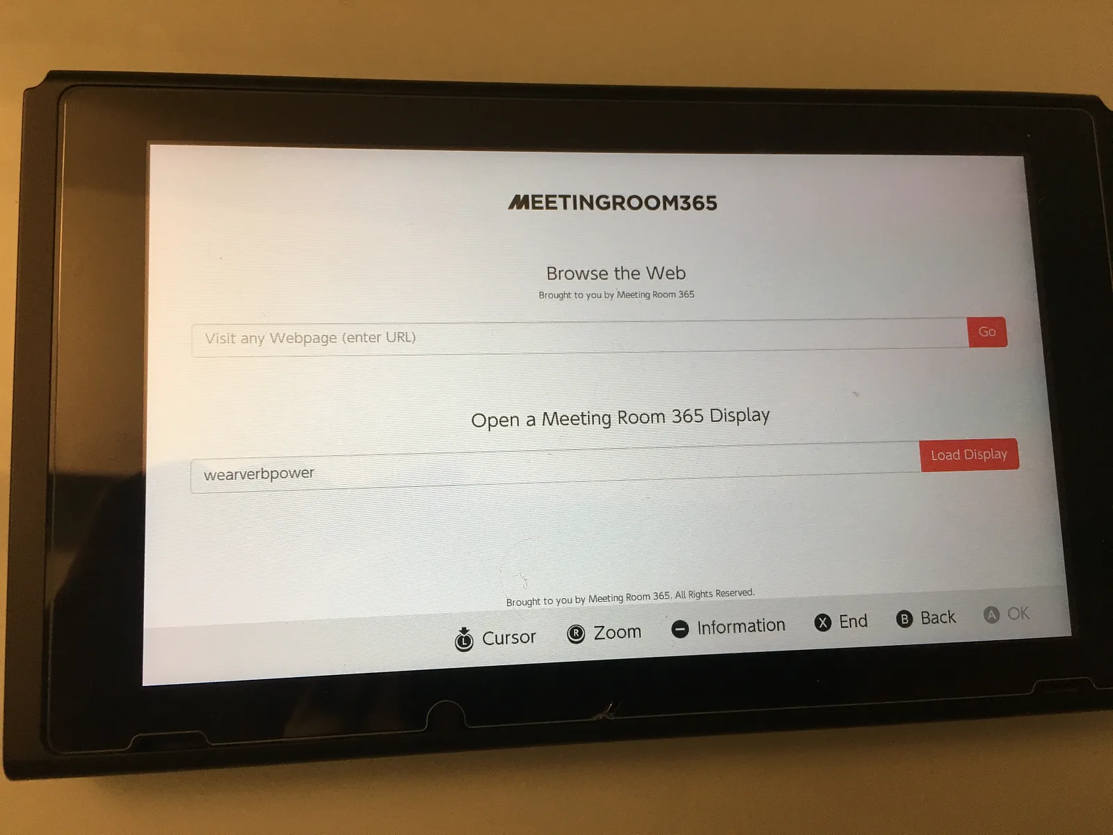 Nintendo Switch browser showing a page to browse the web or open a Meeting Room 365 display