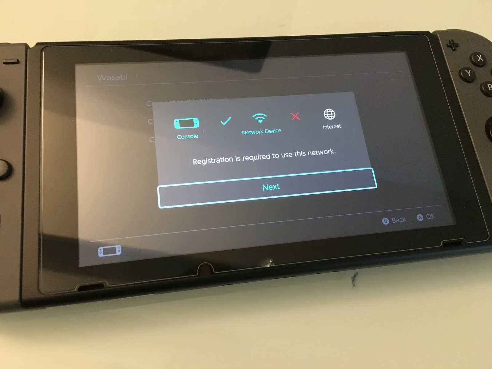 Nintendo Switch showing that registration is required to use this network