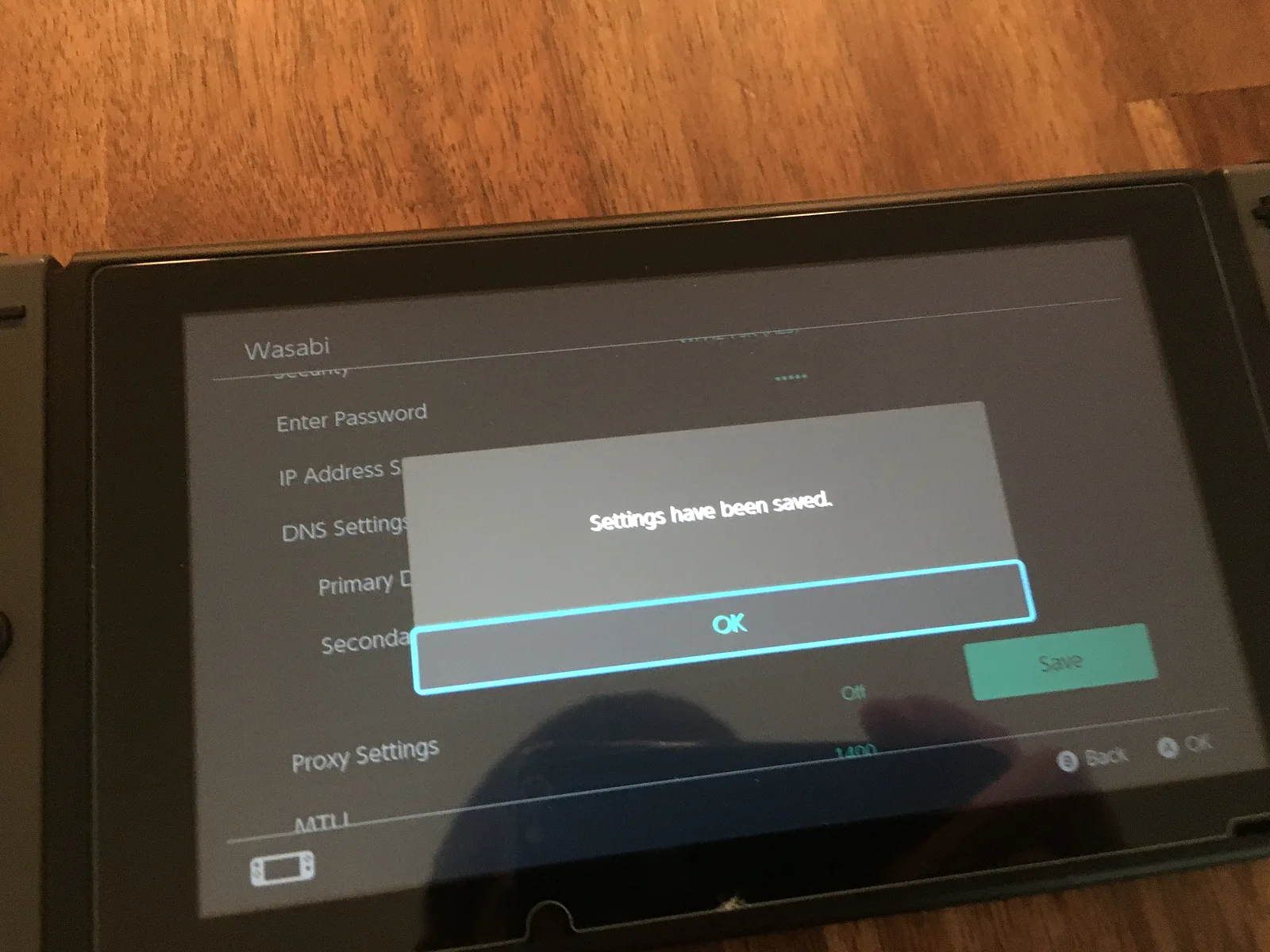 Nintendo Switch confirming that the network settings have been saved