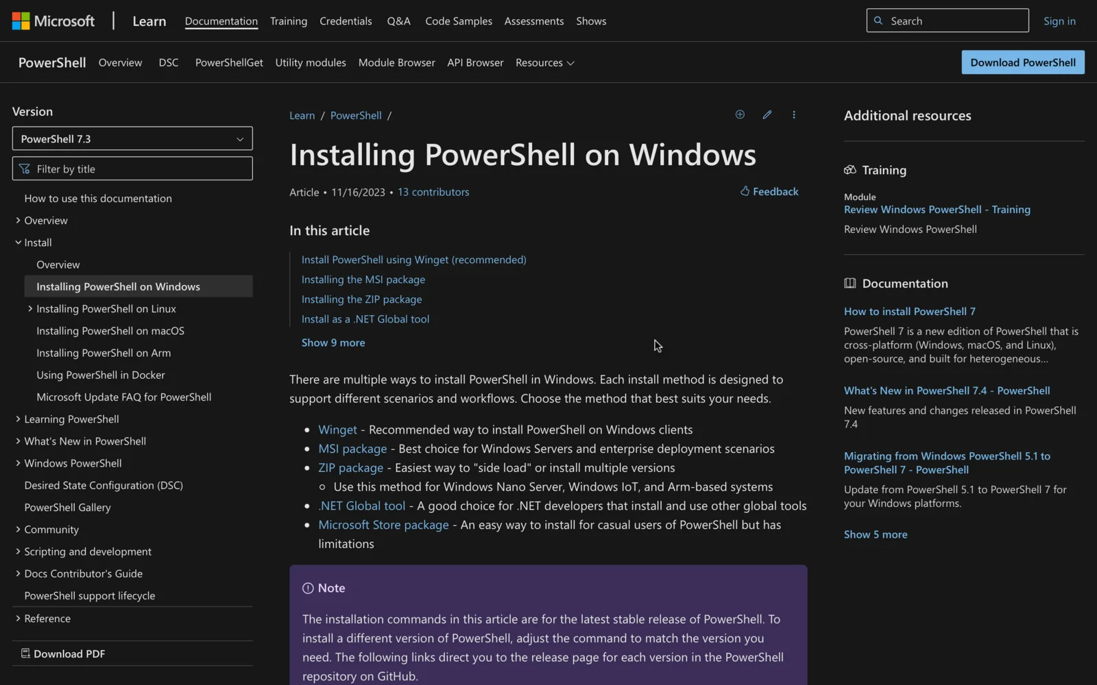 Microsoft Learn article on installing PowerShell on Windows listing the Winget, MSI and ZIP options
