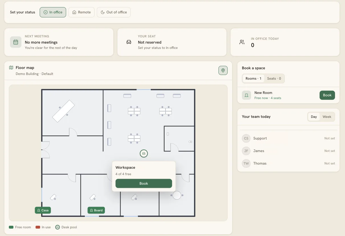 Floor map with an available desk pool selected, showing four of four seats free and a Book button