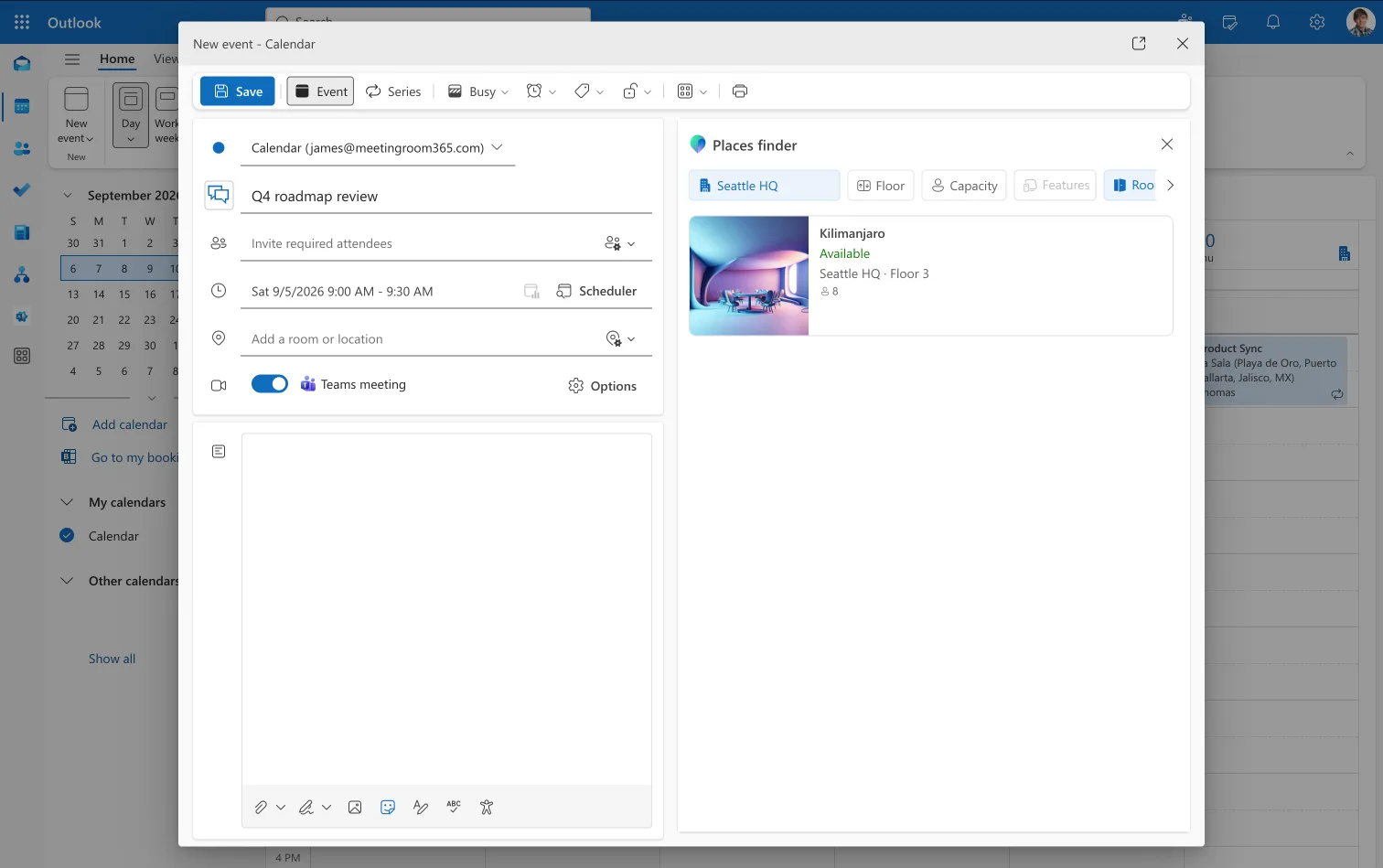 Places Finder in the new Outlook showing a room card with a photo, availability, building, floor and capacity