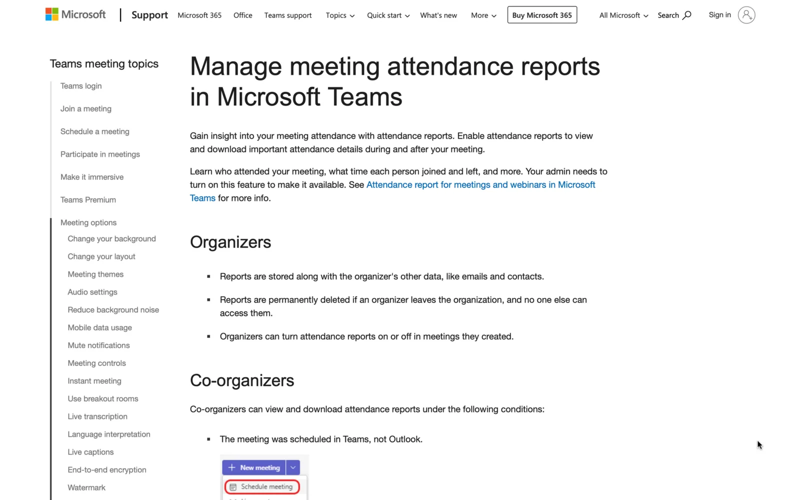 Microsoft Support article on managing meeting attendance reports in Microsoft Teams
