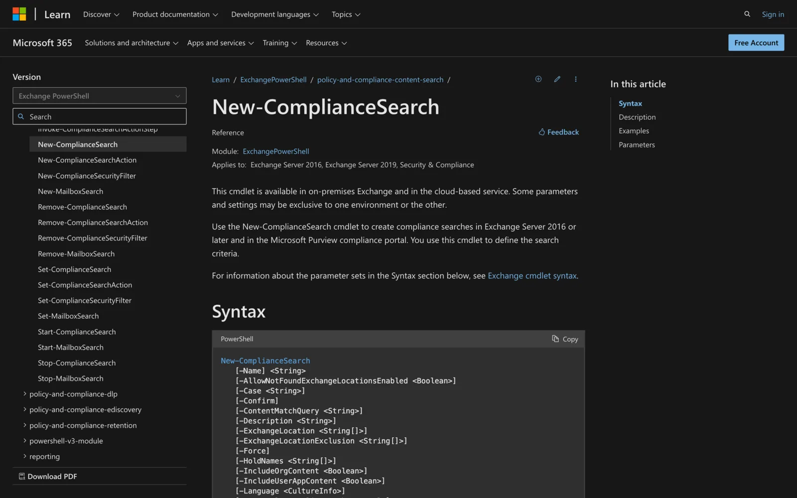 Microsoft Learn documentation for the New-ComplianceSearch cmdlet showing its PowerShell syntax