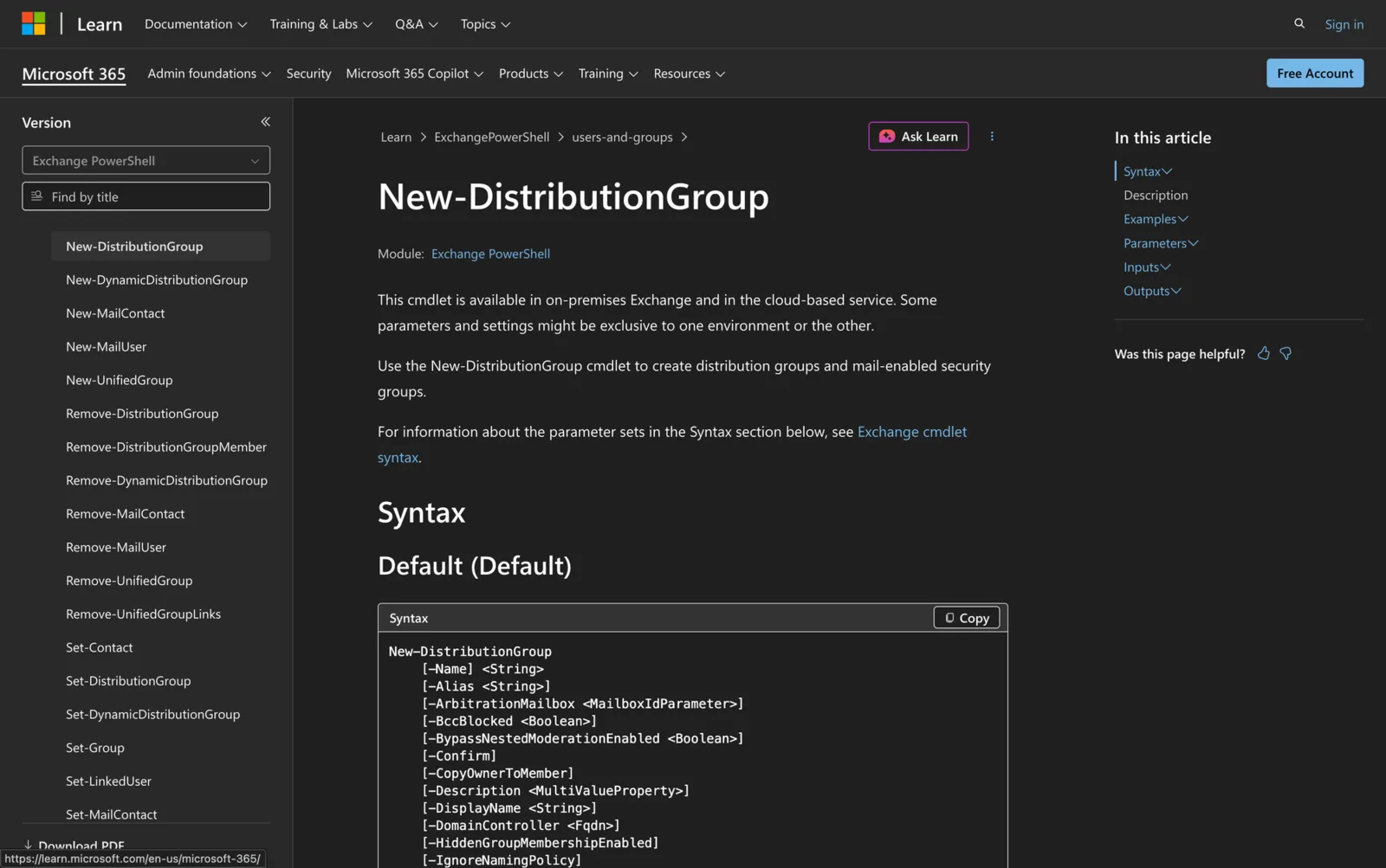 Microsoft Learn documentation for the New-DistributionGroup cmdlet showing its PowerShell syntax