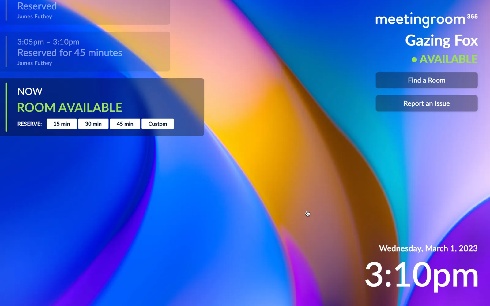 Glassmorphism meeting room display theme on a colourful gradient showing the room available with reserve options