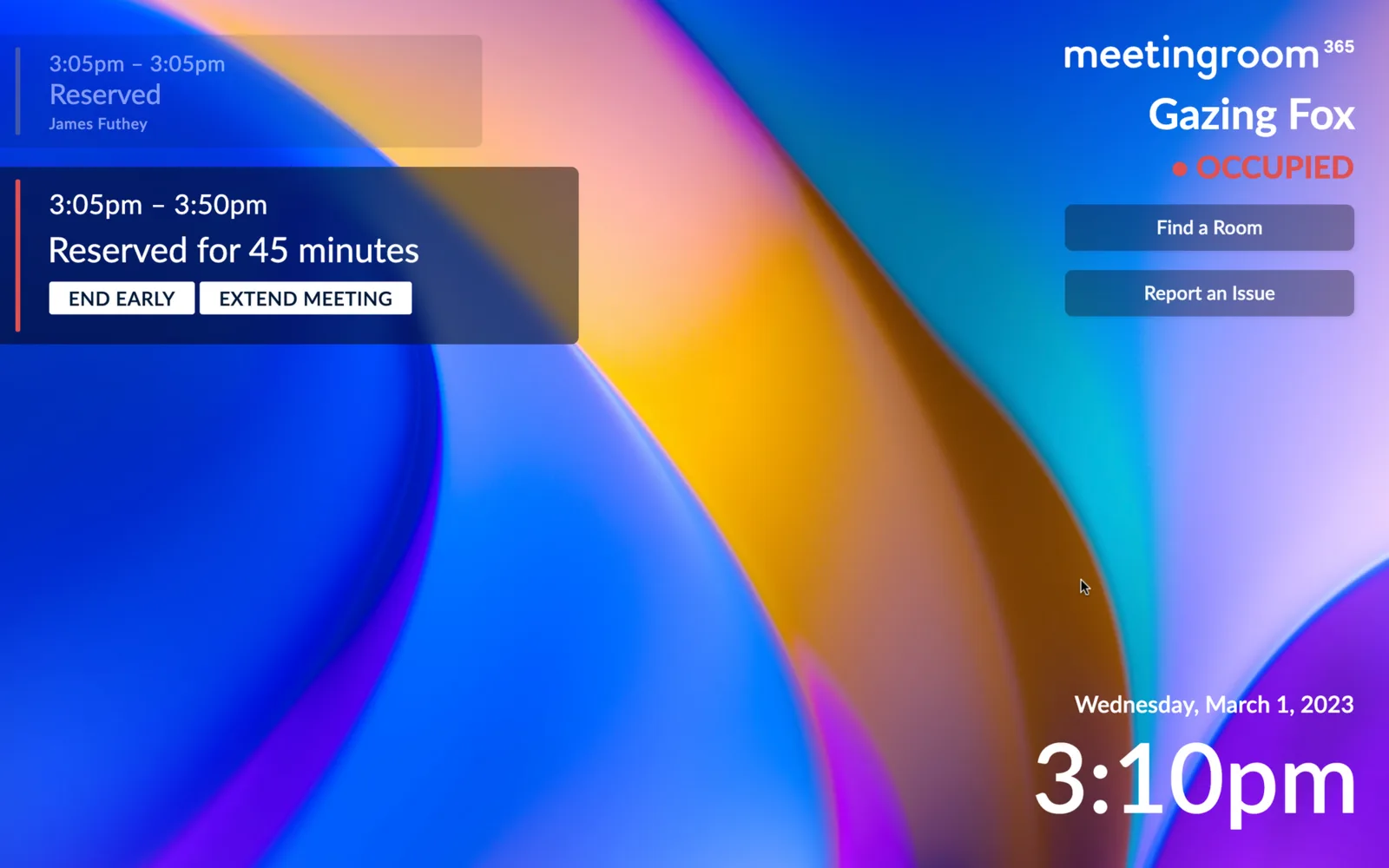 Left aligned glassmorphism display theme showing the room occupied and reserved for 45 minutes