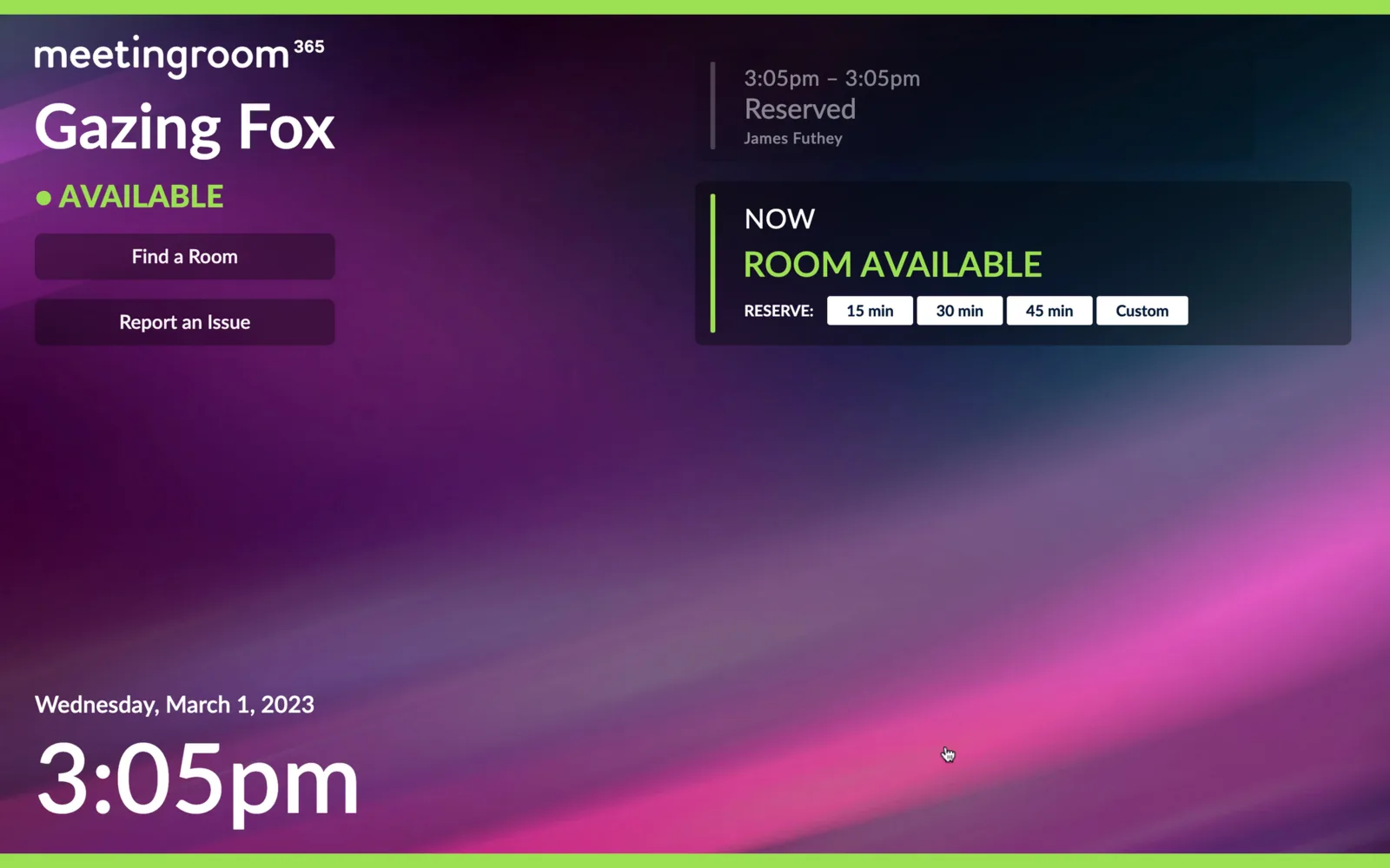 Right aligned glassmorphism display theme showing the room available with reserve durations