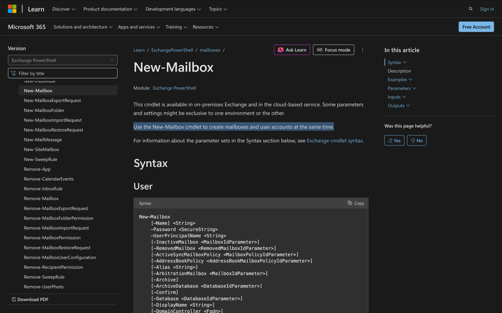 Microsoft Learn documentation for the New-Mailbox cmdlet showing its PowerShell syntax