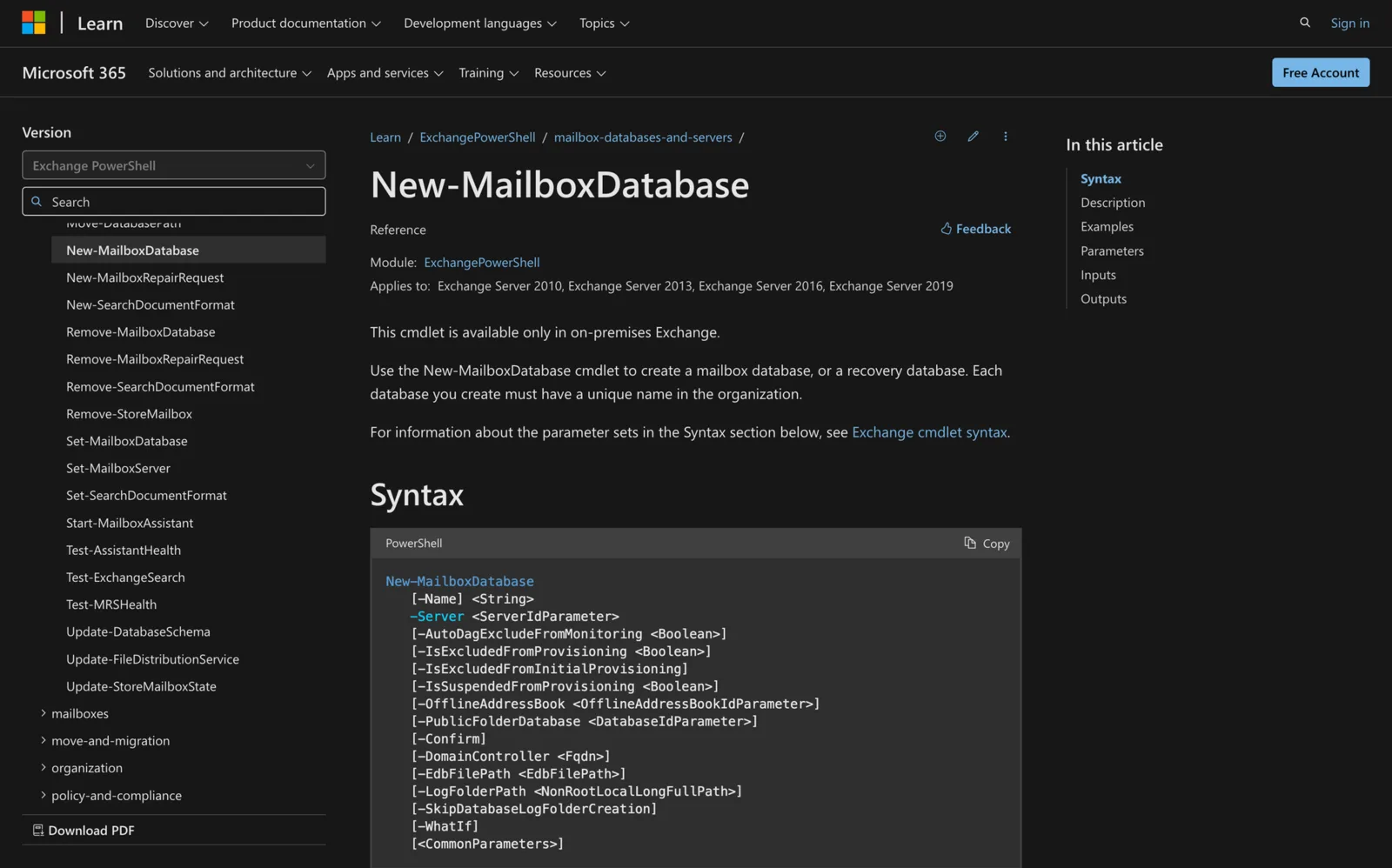 Microsoft Learn documentation for the New-MailboxDatabase cmdlet showing its PowerShell syntax