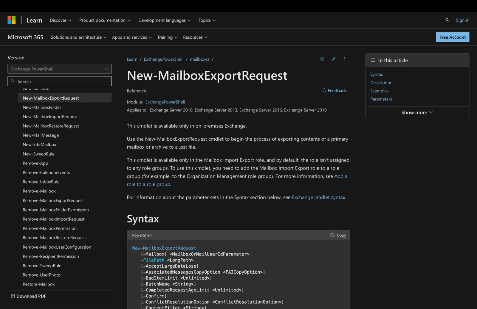 Microsoft Learn documentation for the New-MailboxExportRequest cmdlet showing its PowerShell syntax