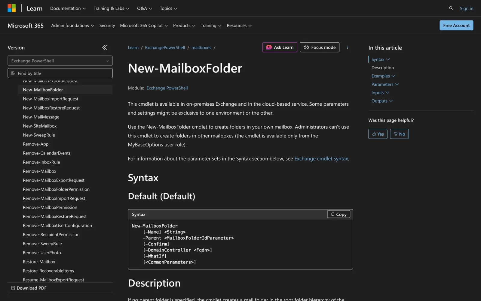 Microsoft Learn documentation for the New-MailboxFolder cmdlet showing its PowerShell syntax