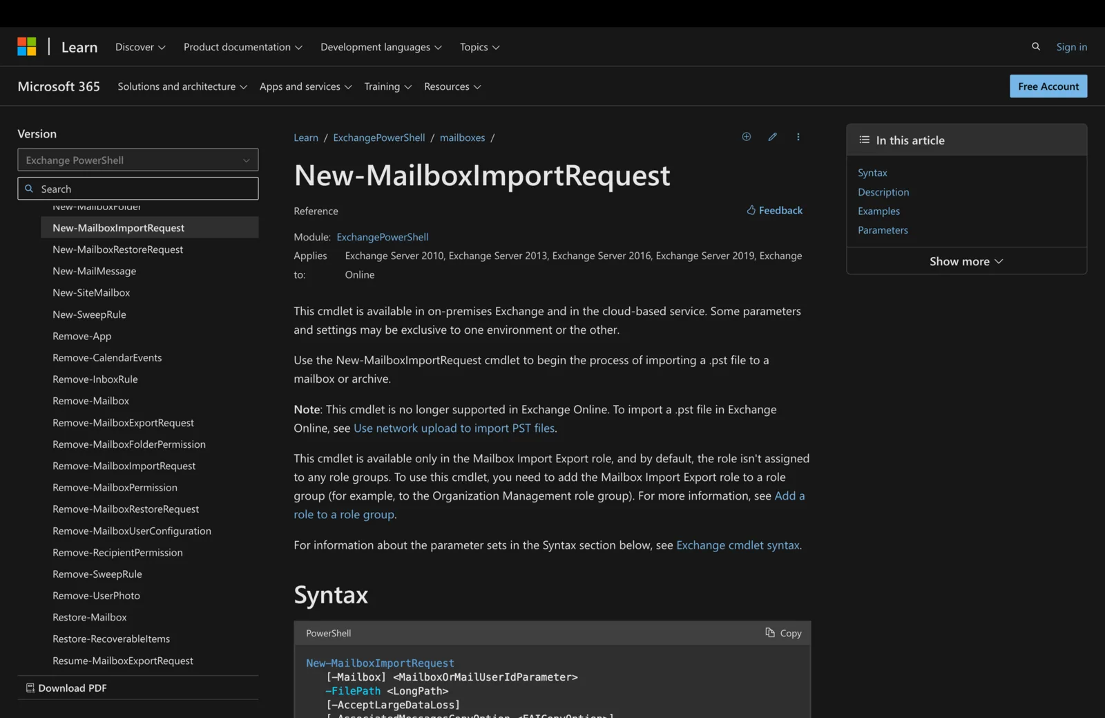 Microsoft Learn documentation for the New-MailboxImportRequest cmdlet showing its PowerShell syntax