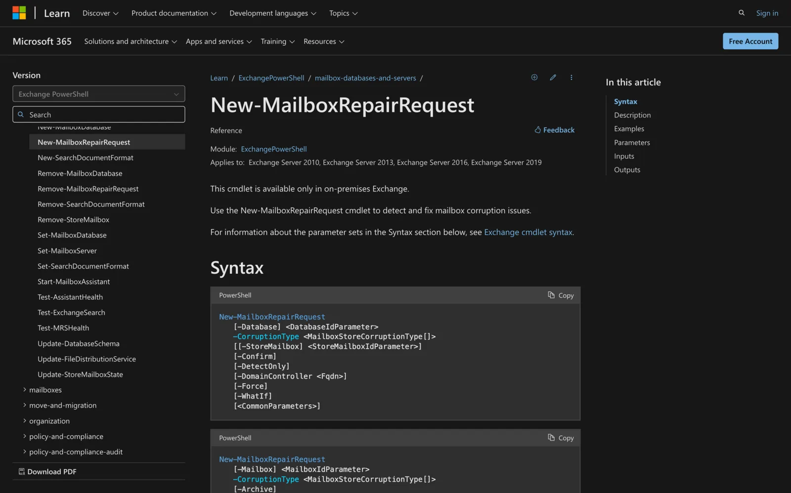Microsoft Learn documentation for the New-MailboxRepairRequest cmdlet showing its PowerShell syntax