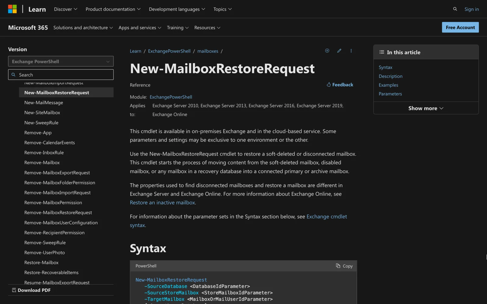 Microsoft Learn documentation for the New-MailboxRestoreRequest cmdlet showing its PowerShell syntax