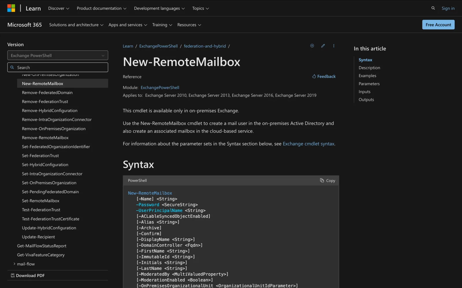 Microsoft Learn documentation for the New-RemoteMailbox cmdlet showing its PowerShell syntax