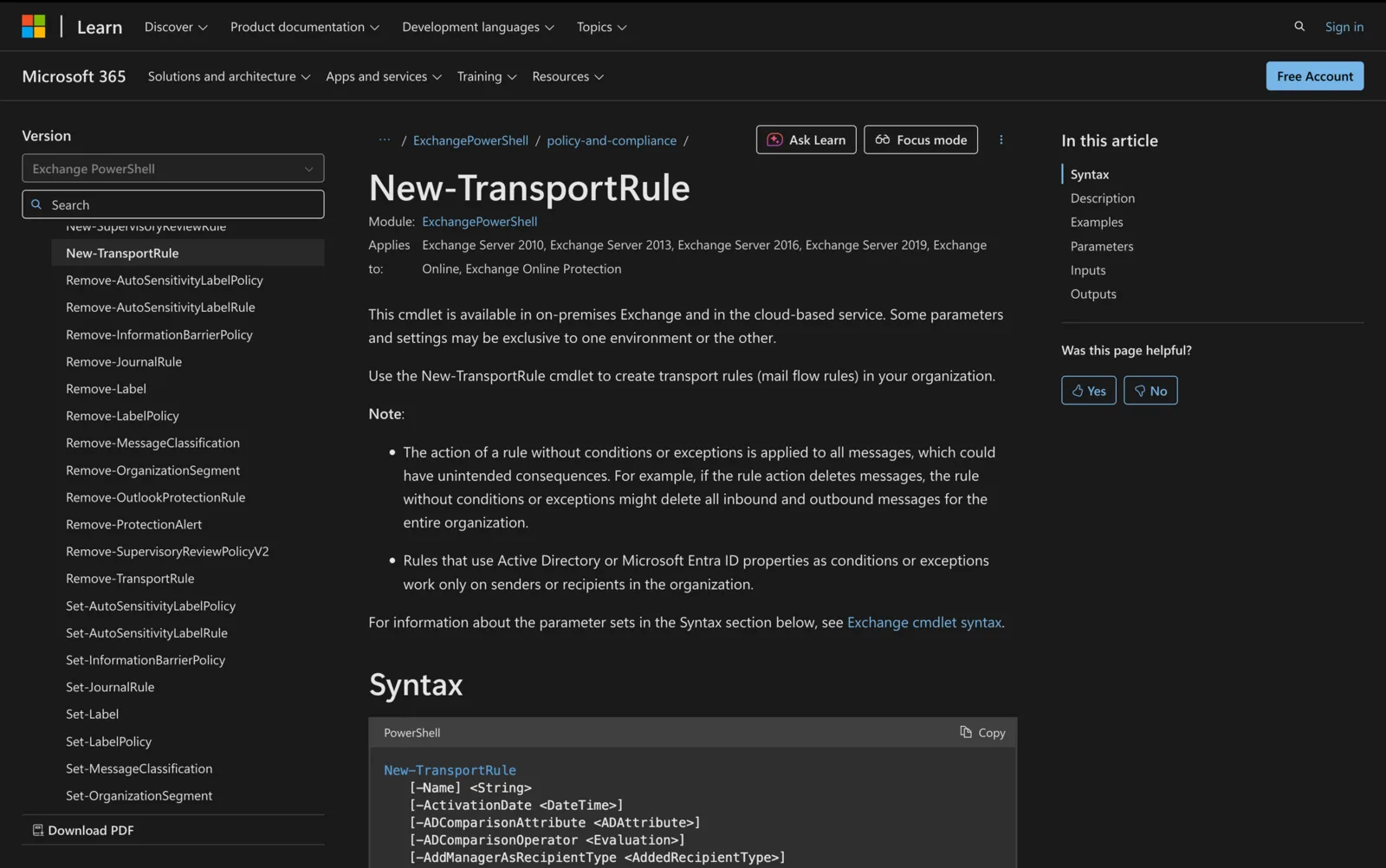 Microsoft Learn documentation for the New-TransportRule cmdlet showing its PowerShell syntax