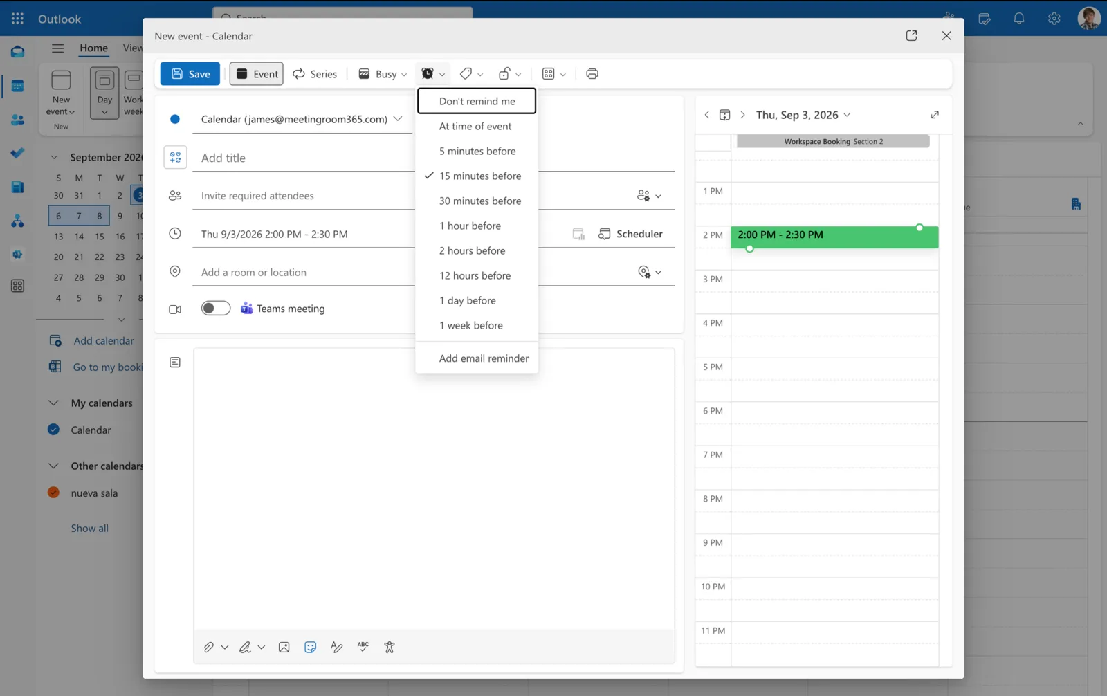 Outlook new event with the reminder list open showing options from Do not remind me to one week before